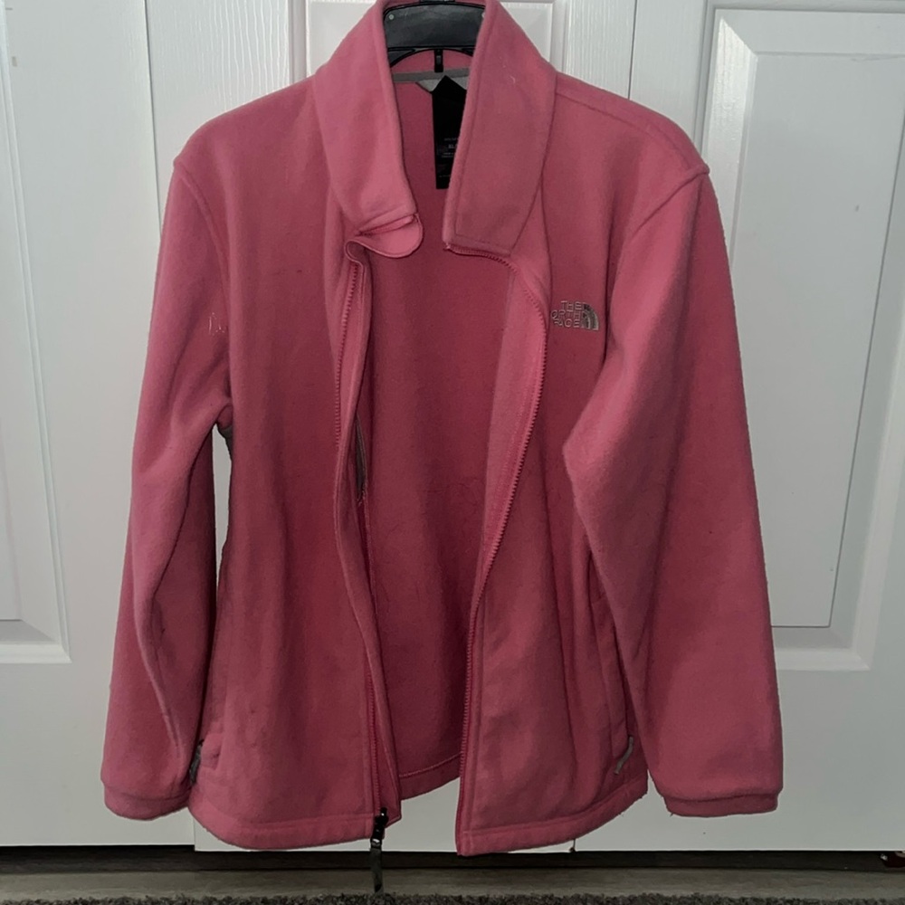 Pink north face jacket, child size XL